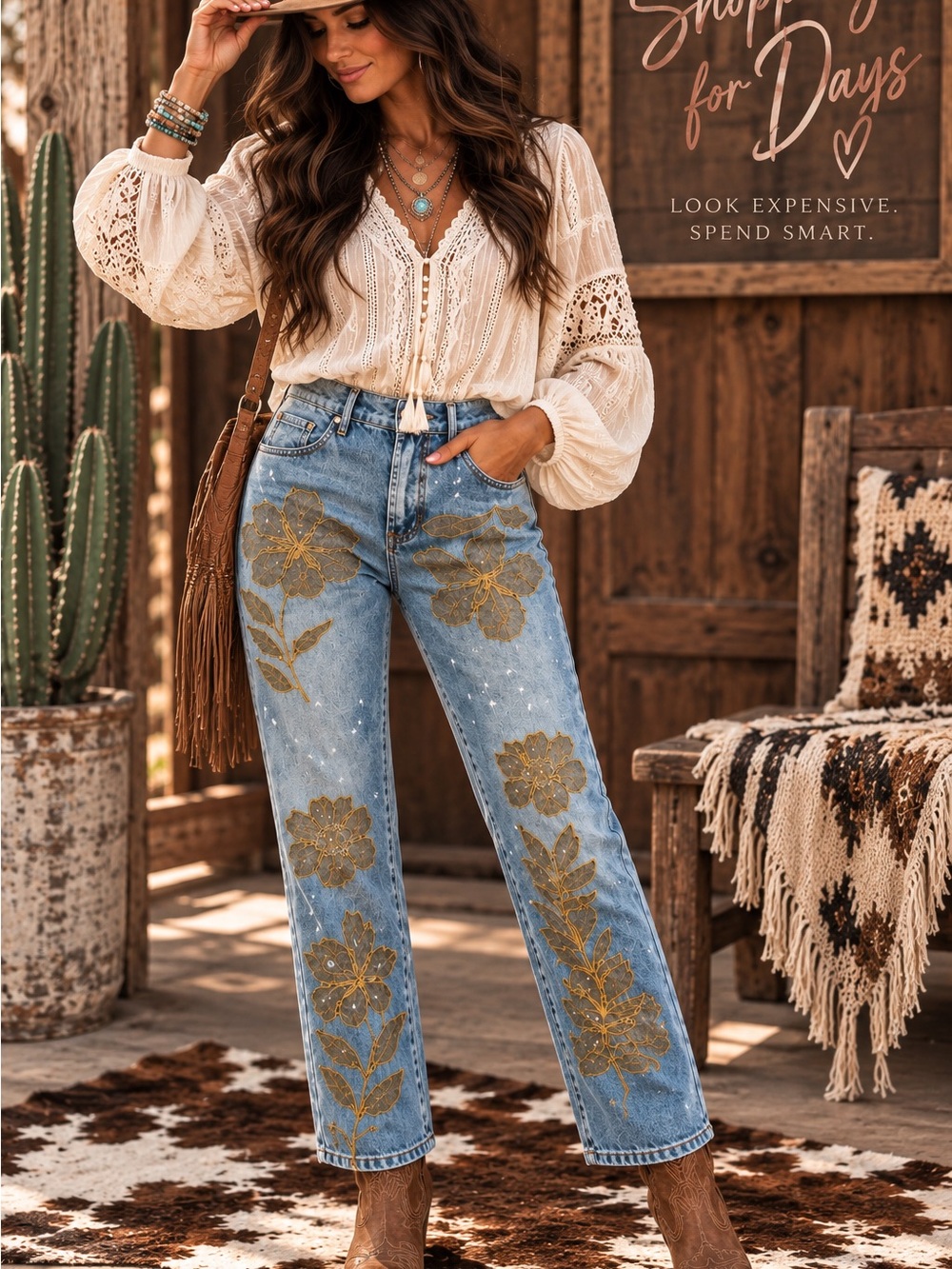 Oli & Hali Boho Floral Embroidered Straight Jeans - Cream/Gold
